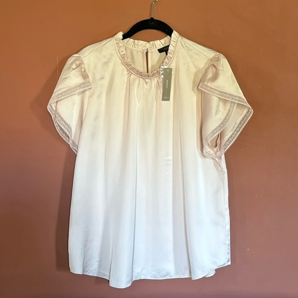 😊NWT J.CREW Tulip-sleeve ruffleneck top blouse Dune Pink Beige Shell size…